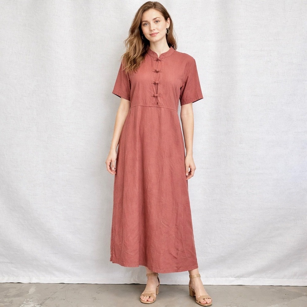 Chilli Peppers Linen Cotton Maxi Dress Womens XL Terracotta Frog Button Mandarin